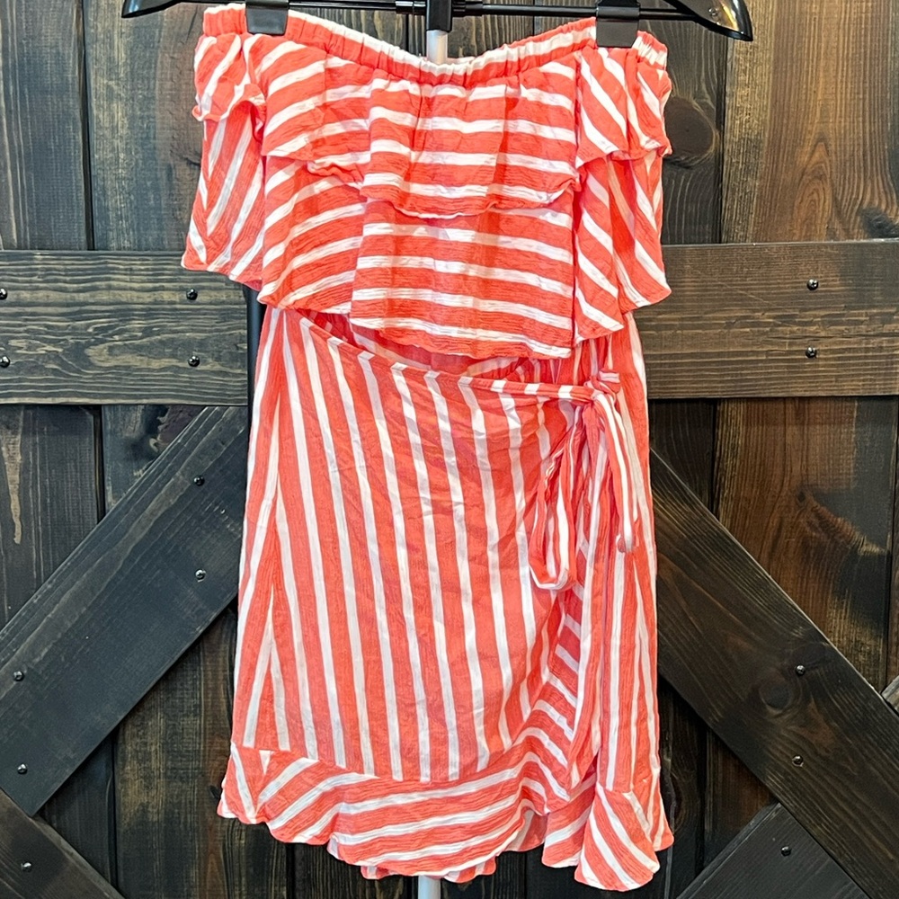 VICI Red Orange Striped Ruffle Wrap Tie Front Mini Dress S Boho Chic Resortwear